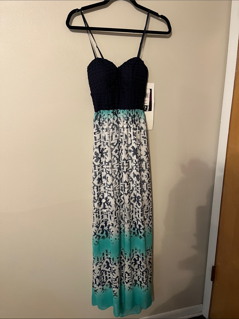 Navy Bustier Maxi Dress with Aqua Patterned Skirt